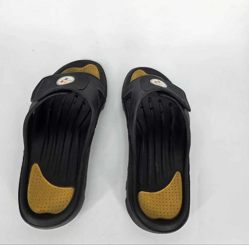 Pittsburgh Steelers Slides M 13 W 14 Shoes Black Gold Adjustable Logo